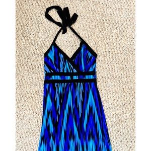 Halter Maxi Dress, short, blue/black, v-neck, stretch ribbed back, Apt. 9